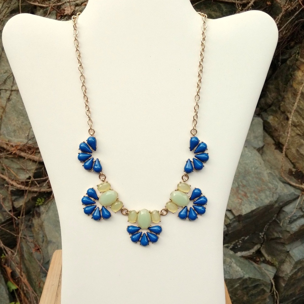 Blue, seafoam and yellow beaded necklace